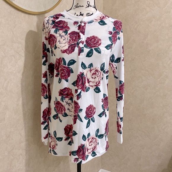 Red, Pink, and Green Rose Pattern Unisex Henley Top | LuLaRoe Mark - Picture 2 of 10